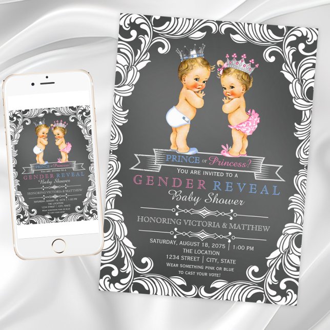 Invitation Prince ou Princesse Chalk Révélation de genre (Prince or Princess gender reveal invitations. Instant download and printed invitations available. )