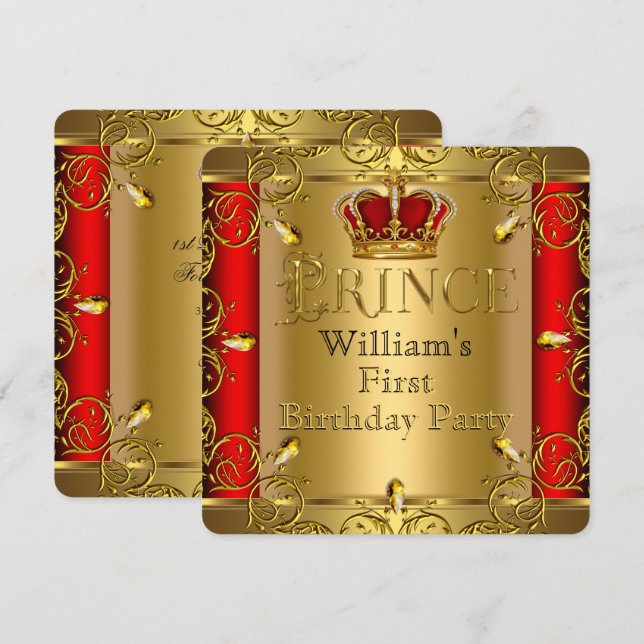 Invitation Prince Premier anniversaire Boy Red Gold Crown (Devant / Derrière)