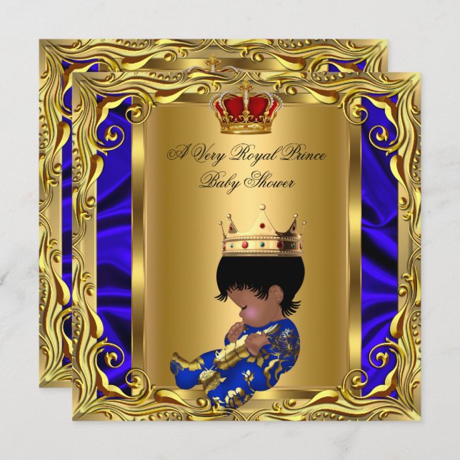 Invitation Prince Royal Baby shower bleu Regal Red Gold Boy 5 (Devant / Derrière)