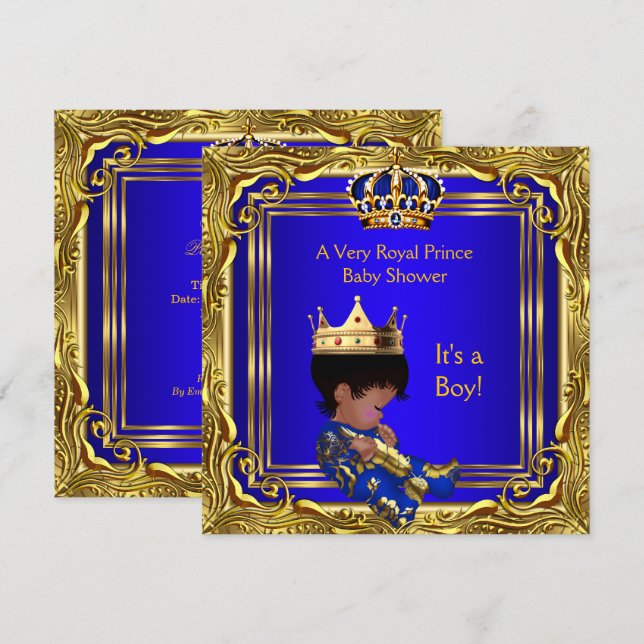 Invitation Prince Royal Blue Baby shower Gold Boy Ethnic (Devant / Derrière)