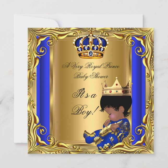 Invitation Prince Royal Blue Baby shower Gold Ethnic Boy (Devant)