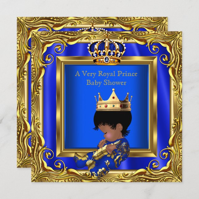 Invitation Prince Royal Blue Baby shower Gold Frame Boy (Devant / Derrière)