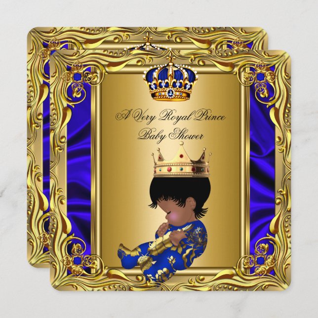 Invitation Prince Royal Blue Baby shower Regal Gold Boy 2 (Devant / Derrière)