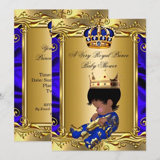 Invitation Prince Royal Blue Baby shower Regal Gold Boy 2 (Devant / Derrière)