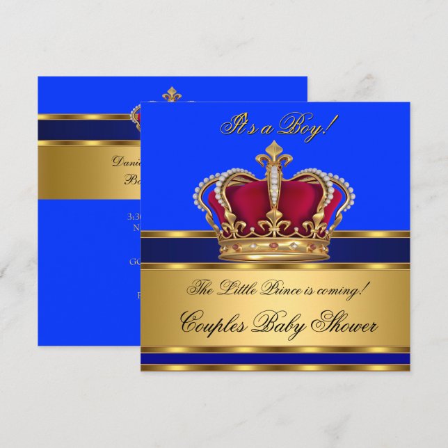Invitation Prince Royal Blue Boy Baby shower Crown (Devant / Derrière)