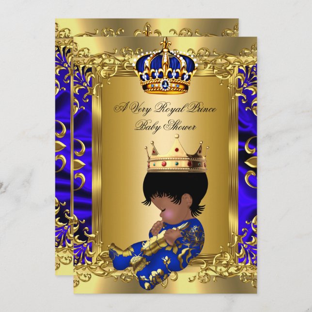 Invitation Prince Royal Blue Boy Baby shower Regal Gold (Devant / Derrière)