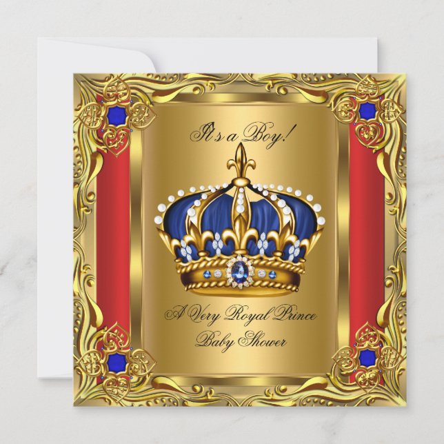 Invitation Prince Royal Blue Boy Baby shower Regal Red Gold (Devant)