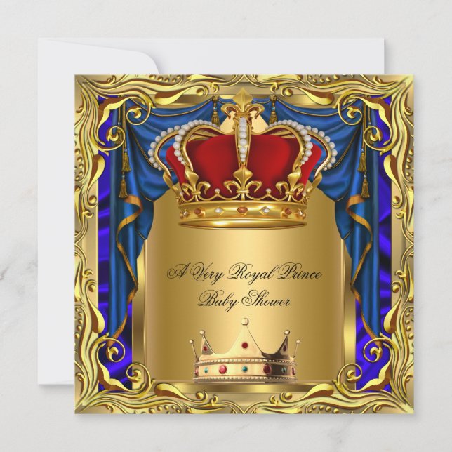 Invitation Prince Royal Blue Boy Baby shower Regal Red Gold (Devant)