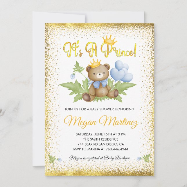 Invitation Prince Royal Gold Little Bear Boy Baby shower (Devant)