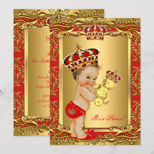Invitation Prince Royal Rouge Couronne Ourson Baby Shower