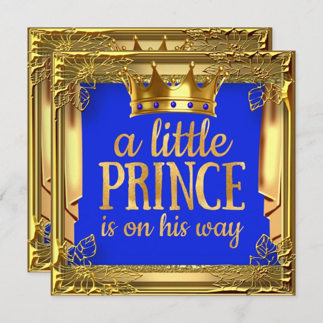 Invitation Prince sur le chemin Baby shower Royal Blue Gold (Devant / Derrière)