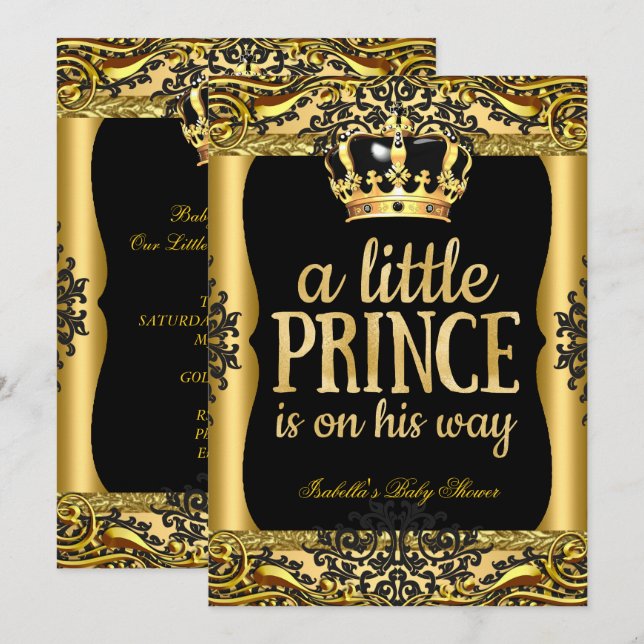 Invitation Prince sur son chemin Baby shower Gold Black 2 (Devant / Derrière)
