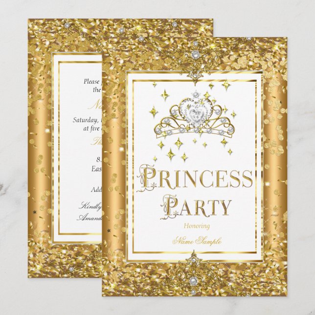 Invitation Princess Anniversaire Gold confetti Tiara (Devant / Derrière)
