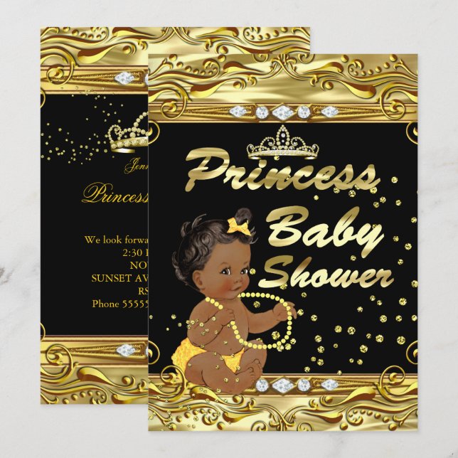 Invitation Princess Baby shower Black Gold Sprinkl Ethnique (Devant / Derrière)