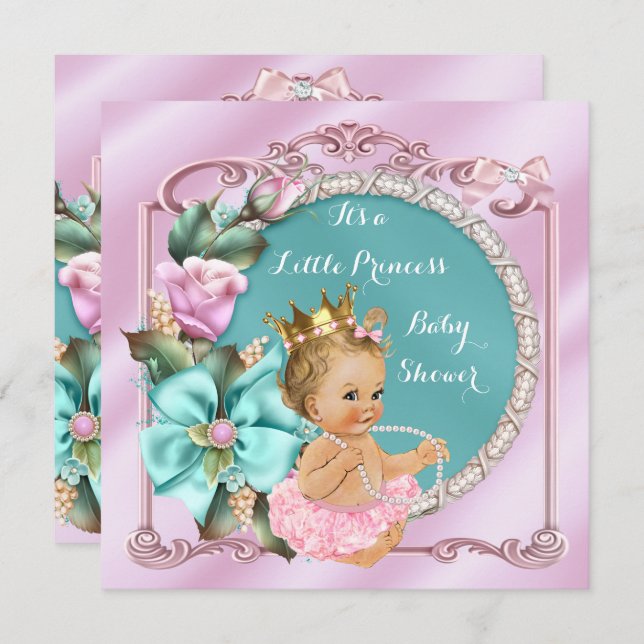 Invitation Princess Baby shower Floral Turquoise rose Blonde  (Devant / Derrière)