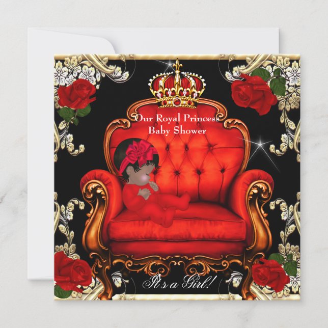 Invitation Princess Baby shower Girl Gold Red Rose Chaise 3 (Devant)