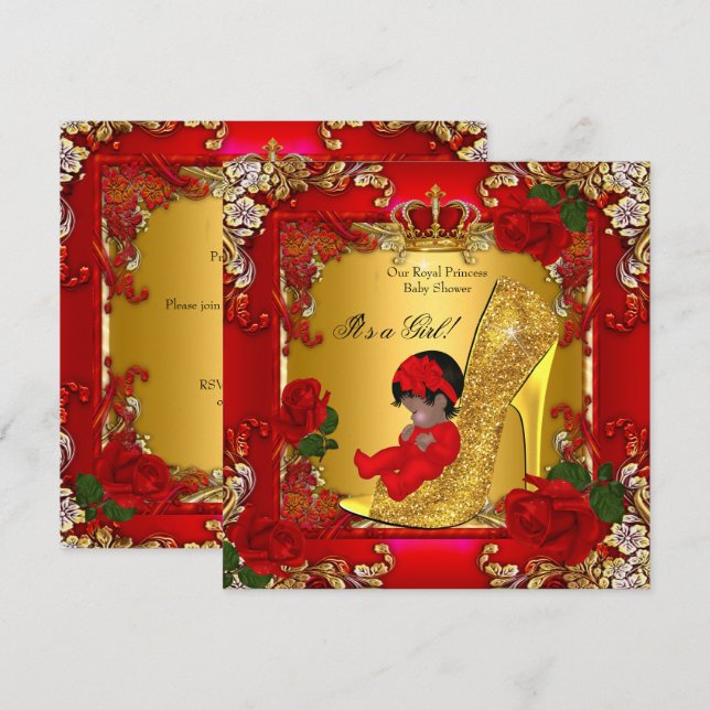 Invitation Princess Baby shower Girl Gold Rose Rouge Hi Heel (Devant / Derrière)