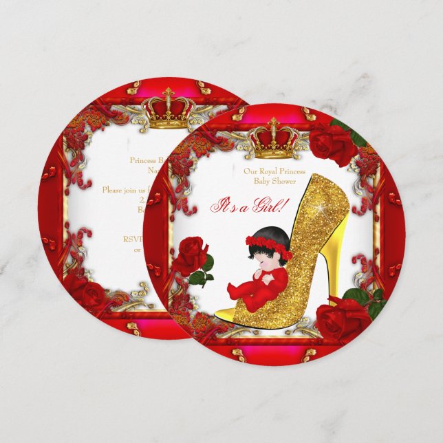 Invitation Princess Baby shower Girl Gold Rose Rouge Hi Heel  (Devant / Derrière)