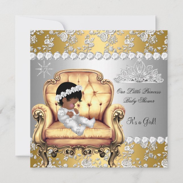 Invitation Princess Baby shower Girl Gold Silver Floral Chais (Devant)