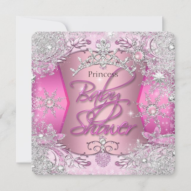 Invitation Princess Baby shower Girl Pink Silver Snowflakes (Devant)