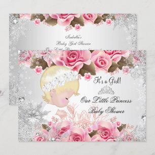 Invitation Princess Baby shower Girl Pink Snowflake Roses 2