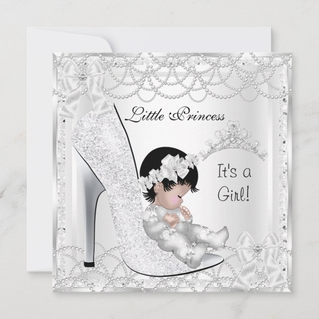 Invitation Princess Baby shower Girl Silver White Pearl (Devant)