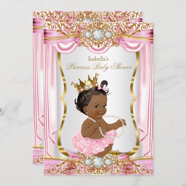 Invitation Princess Baby shower rose soie or (Devant / Derrière)