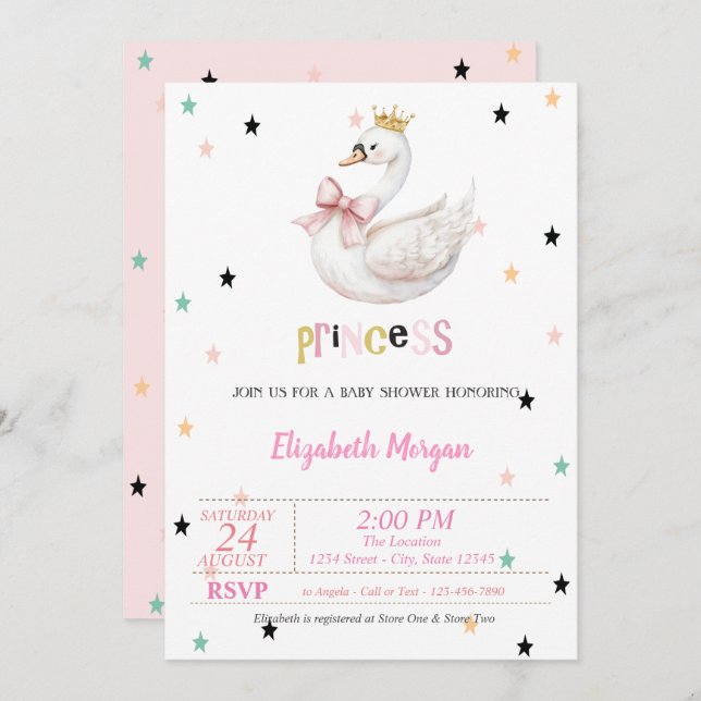 Invitation Princess Baby Swan, Stars Baby Shower (Devant / Derrière)