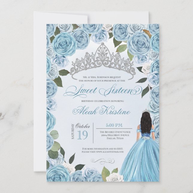 Invitation Princess Ball Bleu Roses doux 16 Anniversaire (Devant)
