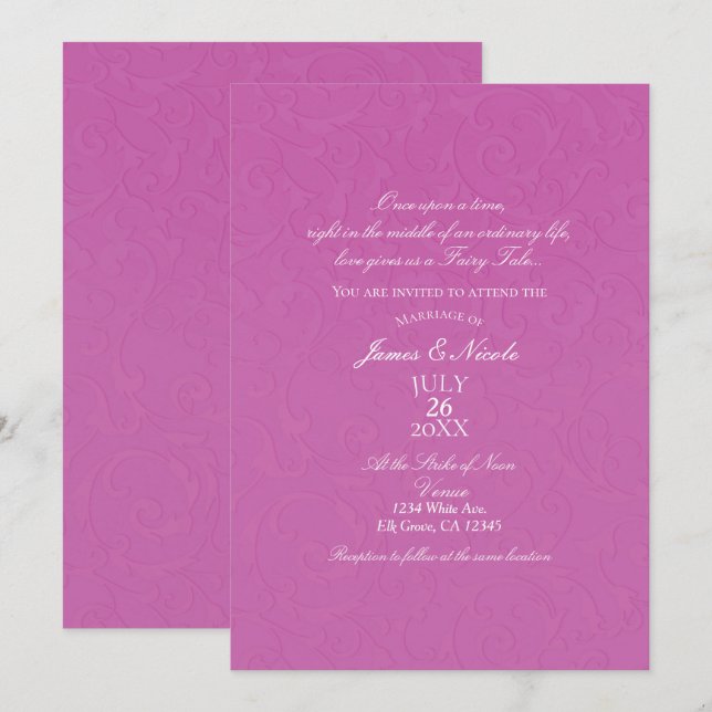 Invitation Princess Berry Pink Fairy Tale Mariage damassé (Devant / Derrière)