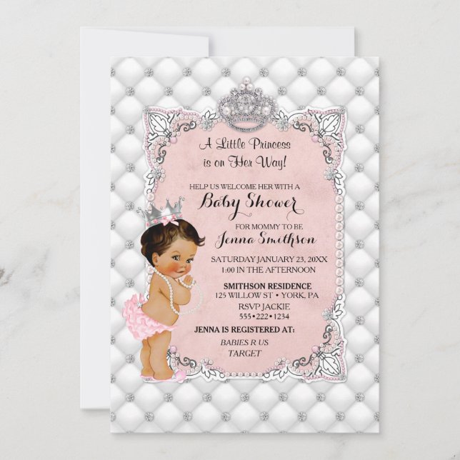 Invitation Princess Blush Pink Pearls Diamonds Baby Girl (Devant)