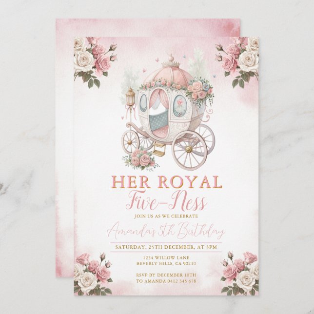 Invitation Princess Carriage Her royal five-ness Birthday  (Devant / Derrière)