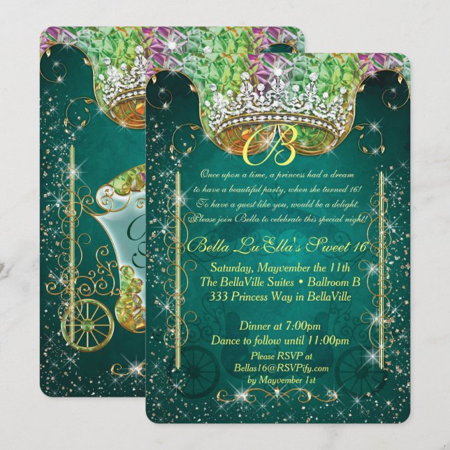 Invitation Princess Carriage Jewel Party Anniversaire Invitat (Devant / Derrière)