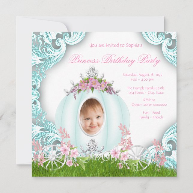 Invitation Princess Carriage Photo Rose Turquoise fête d'anni (Devant)