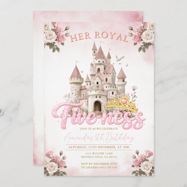 Invitation Princess Castle 5th Birthday Five-ness Royal  (Devant / Derrière)