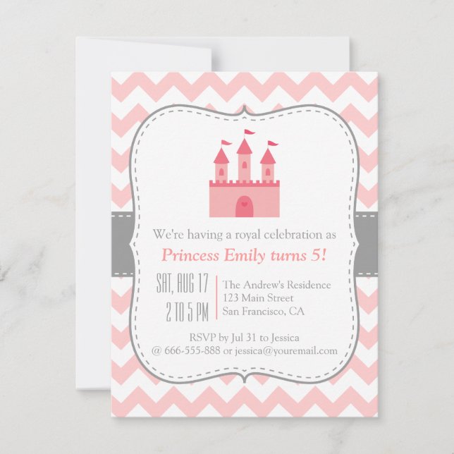 Invitation Princess Castle Birthday Party, Pink White Chevron (Devant)