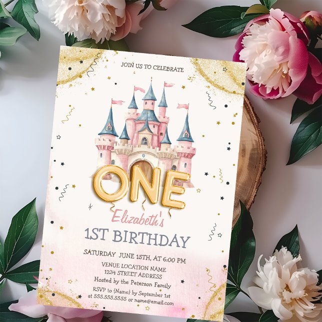 Invitation Princess Castle Confetti Watercolor 1st Birthday (Créateur téléchargé)