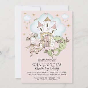 Invitation Princess Castle Dragon Girl's Pink Gold Anniversai