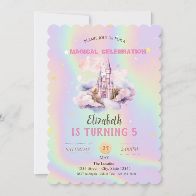 Invitation Princess Castle Nuages Holographique Anniversaire (Devant)