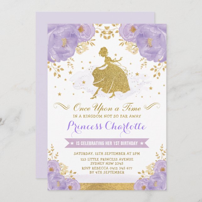 Invitation Princess Cinderella Purple Gold Floral Anniversair (Devant / Derrière)