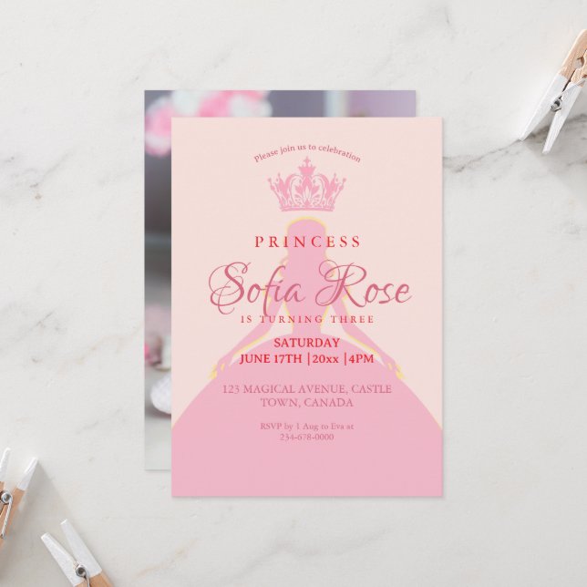 Invitation Princess Crown Blush rose Girl Photo Anniversaire (Devant/Arrière en situation)