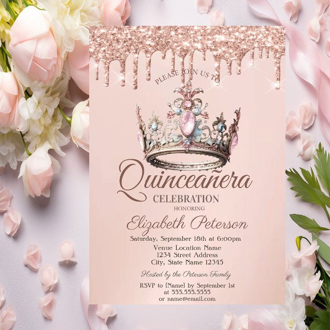 Invitation Princess Crown Castle Rose Gold Drives Quinceañera (Créateur téléchargé)