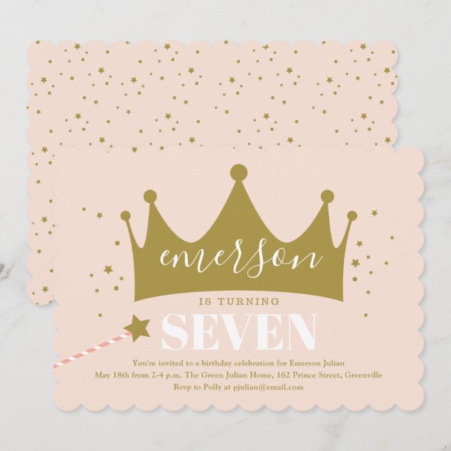 Invitation Princess Crown Rose Girls Anniversaire (Devant / Derrière)