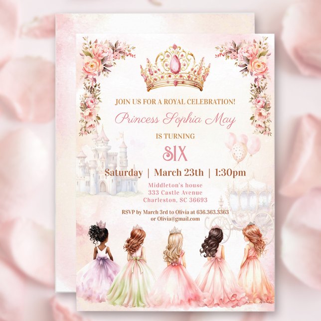 Invitation Princess Crown Rose or Floral Girl Anniversaire (Princess Crown Pink Gold Floral Girl Birthday Invitation)