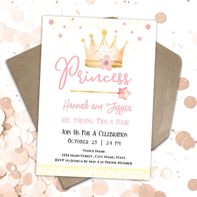 Invitation Princess Crown Rose Petites filles Double Annivers (Créateur téléchargé)