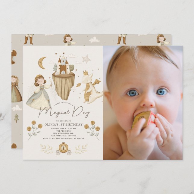 Invitation Princess Dragon Boho Fairytale 1er Anniversaire Ph (Devant / Derrière)