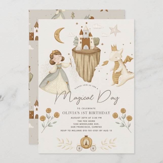 Invitation Princess & Dragon Boho Fairytale Girl 1er annivers (Devant / Derrière)