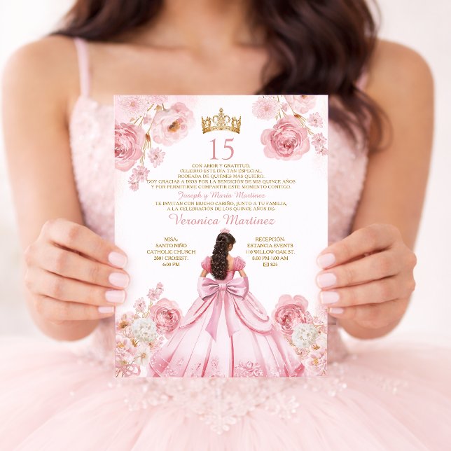 Invitation Princess Dress Gold Crown Floral XV Birthday (Créateur téléchargé)