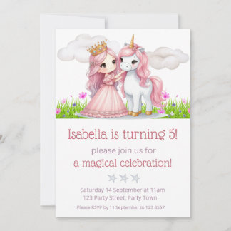 Invitation Princess et Unicorn Floral Watercolor Party