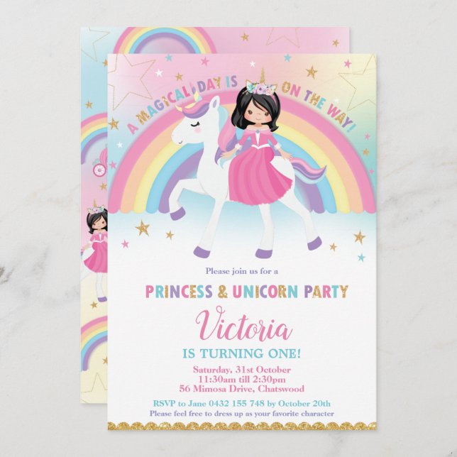 Invitation Princess et Unicorn Rainbow Castle (Devant / Derrière)